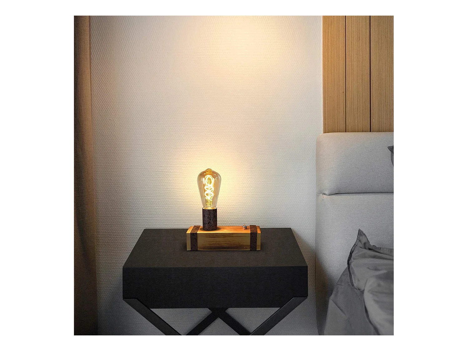 Vintage Tischlampe aus Holz, Retro E27 Nachttischlampe 20cm, Industriestil