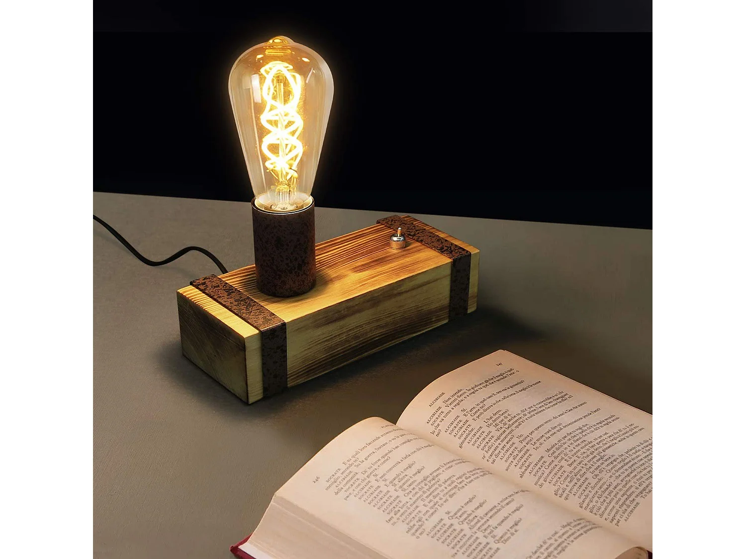 Nettlife Lampe de table en bois vintage, lampe de chevet E27 rétro 20cm, modèle industriel, prise intégrée pour chambre/salon - Ampoules non fournies