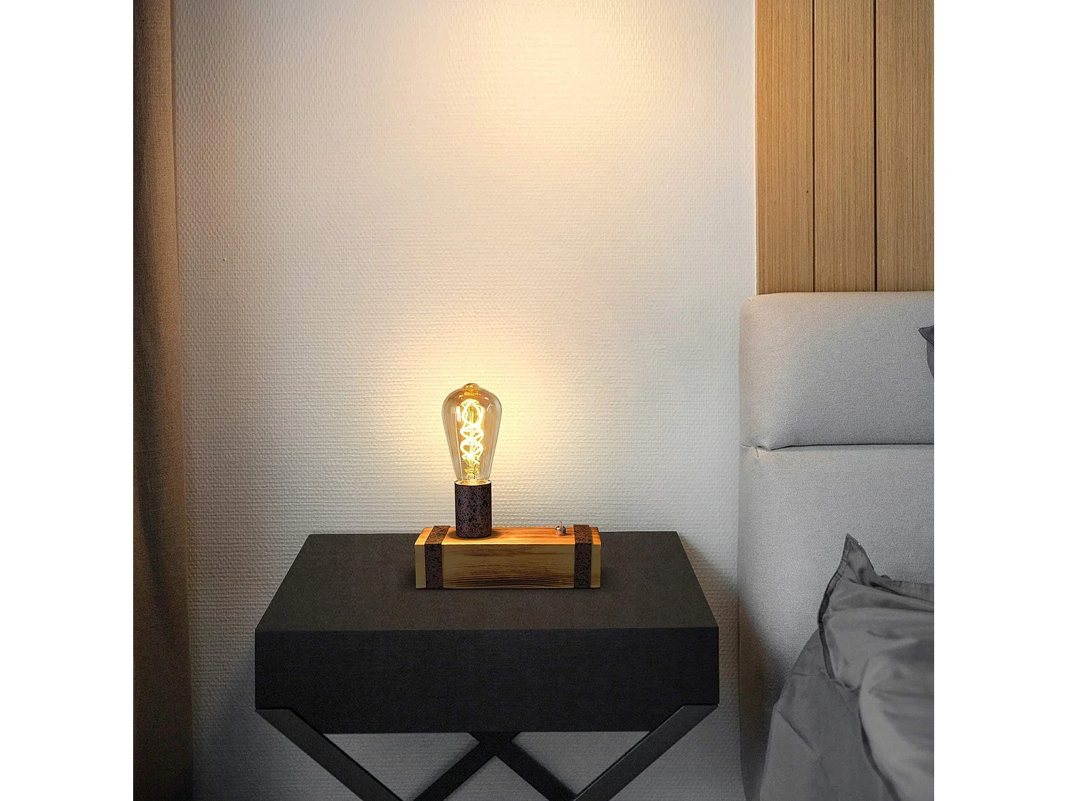 Nettlife Lampe de table en bois vintage, lampe de chevet E27 rétro 20cm, modèle industriel, prise intégrée pour chambre/salon - Ampoules non fournies