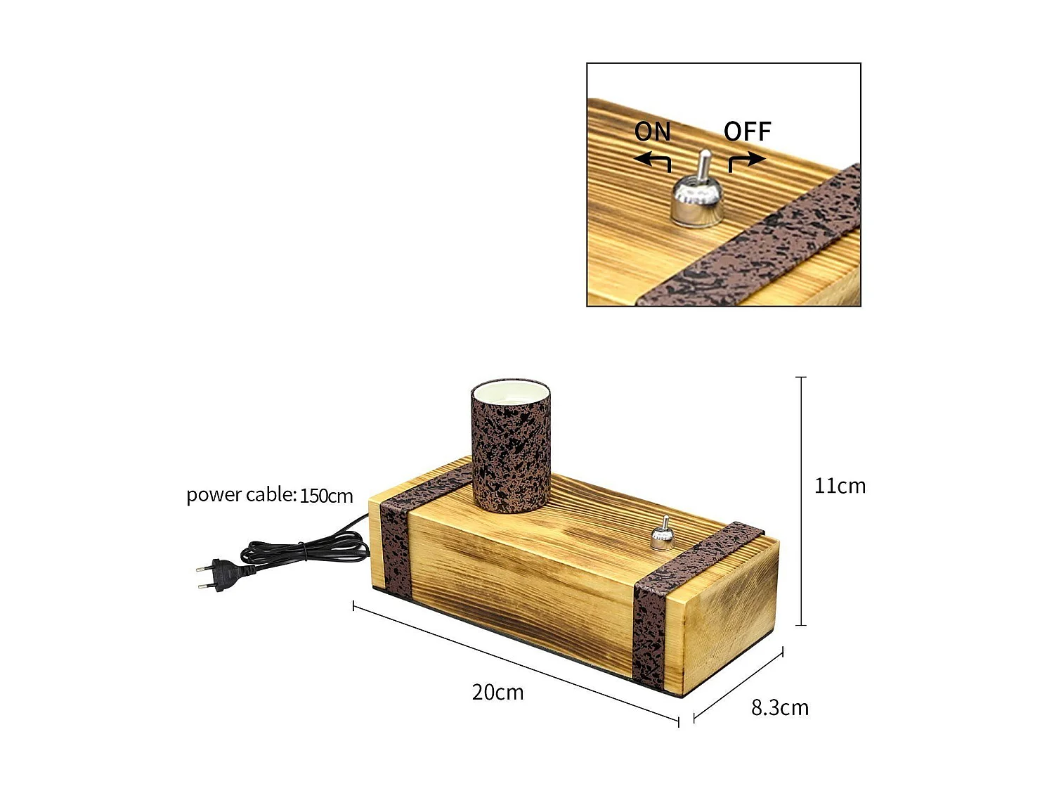 Nettlife Lampe de table en bois vintage, lampe de chevet E27 rétro 20cm, modèle industriel, prise intégrée pour chambre/salon - Ampoules non fournies