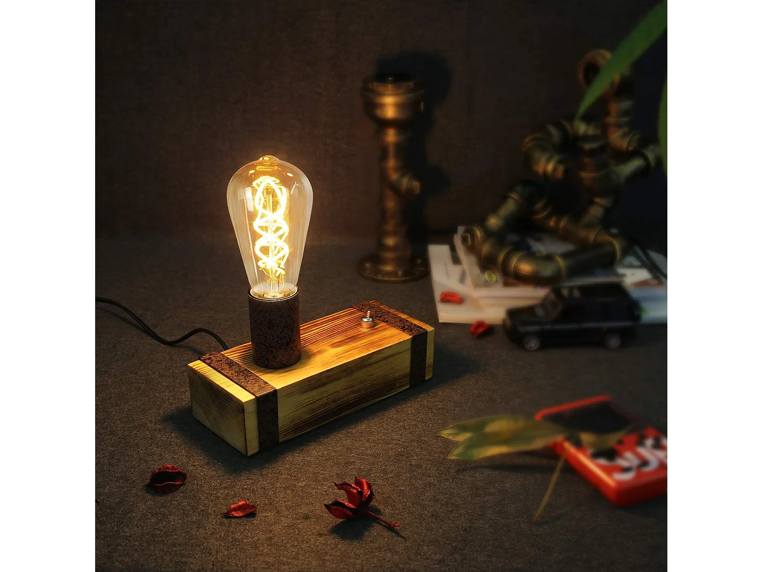 Nettlife Lampe de table en bois vintage, lampe de chevet E27 rétro 20cm, modèle industriel, prise intégrée pour chambre/salon - Ampoules non fournies