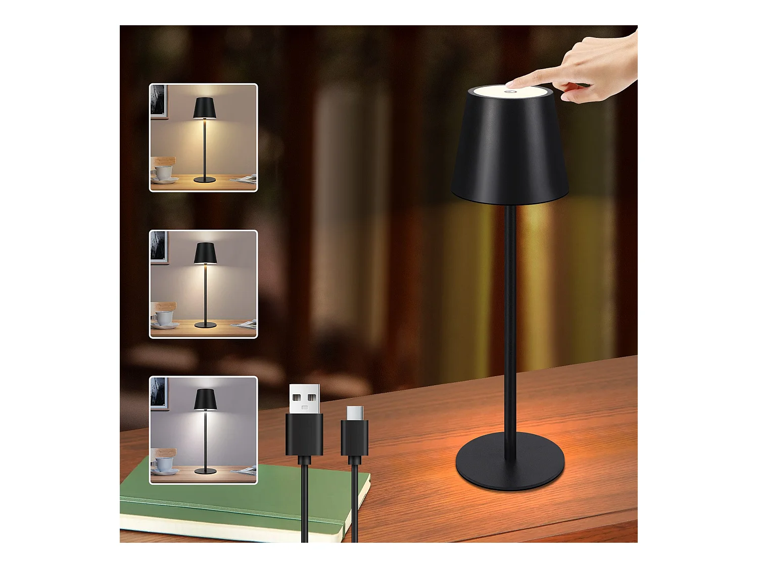 Nettlife Lampe de chevet sans fil, LED 2600mAh, lampe de table extérieur rechargeable, tactile, noire, avec USB