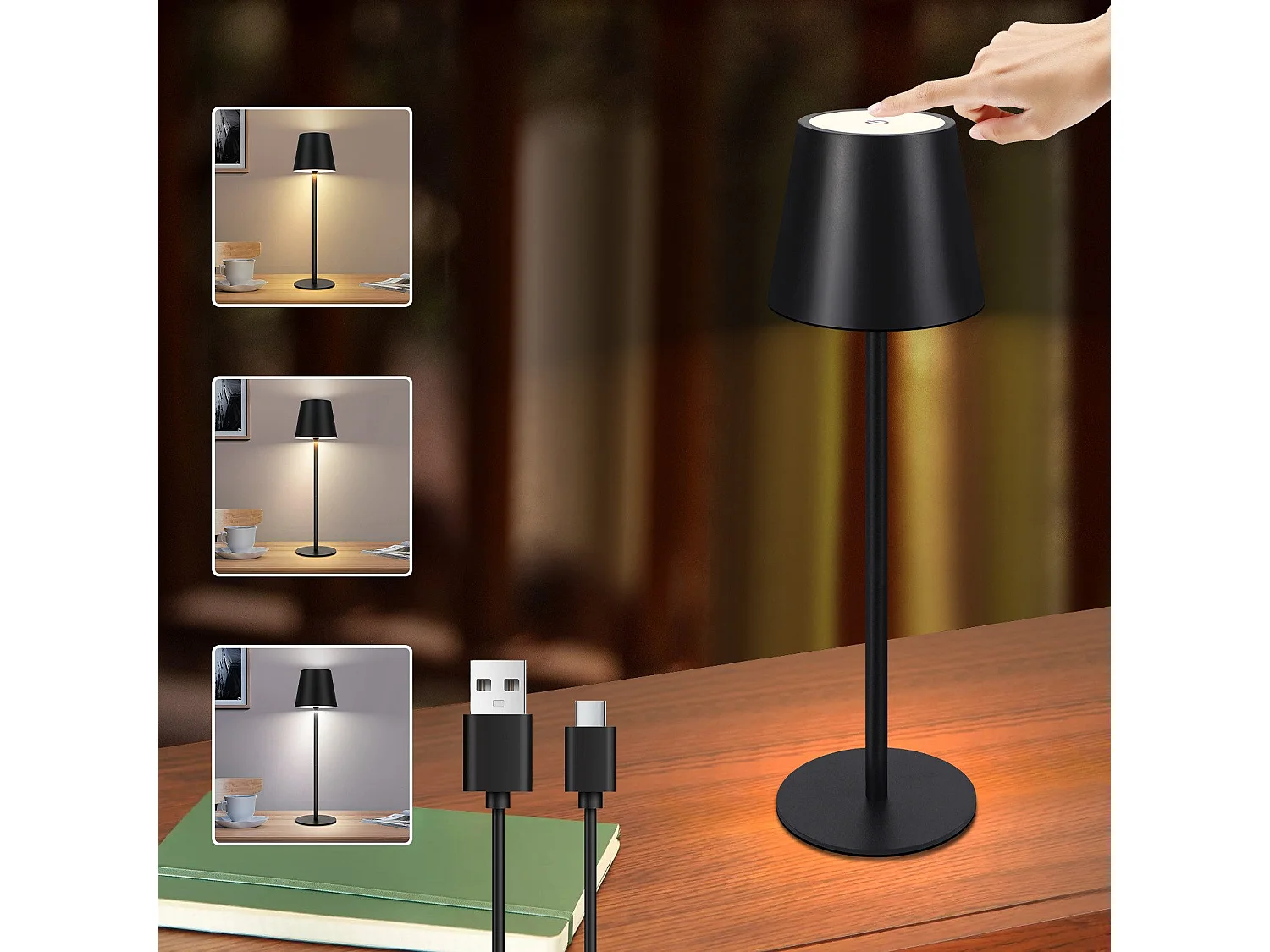 Nettlife Lampe de chevet sans fil, LED 2600mAh, lampe de table extérieur rechargeable, tactile, noire, avec USB