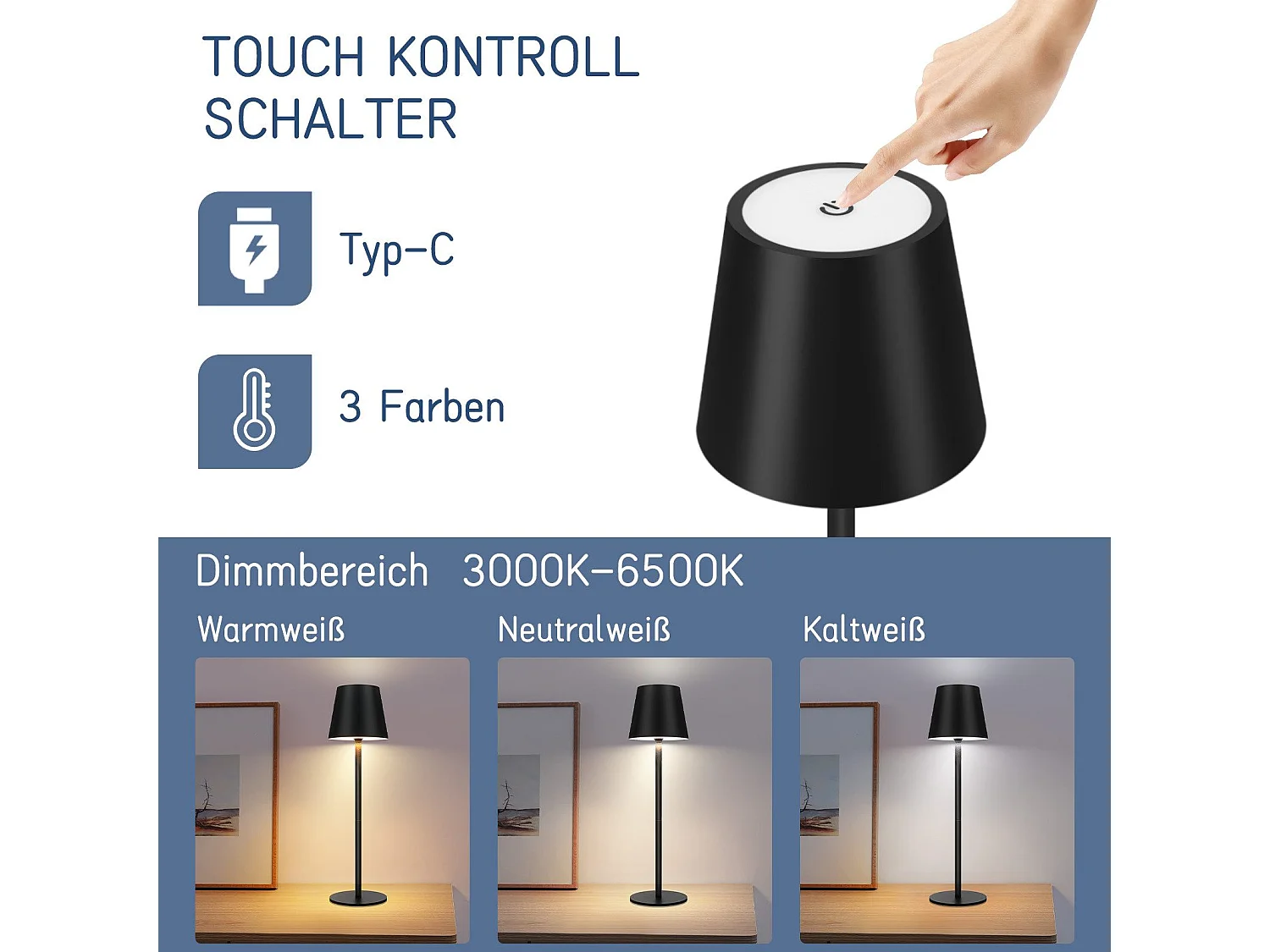 NETTLIFE kabellose Nachttischlampe, LED mit 2600 mAh, außen nutzbare wiederaufladbare Tischlampe, berührungsempfindlich, schwarz, mit USB.