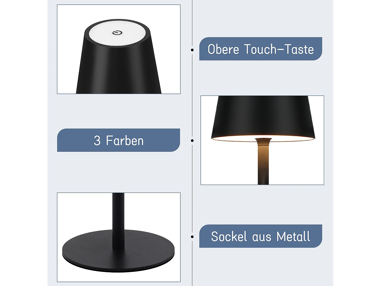 NETTLIFE kabellose Nachttischlampe, LED mit 2600 mAh, außen nutzbare wiederaufladbare Tischlampe, berührungsempfindlich, schwarz, mit USB.