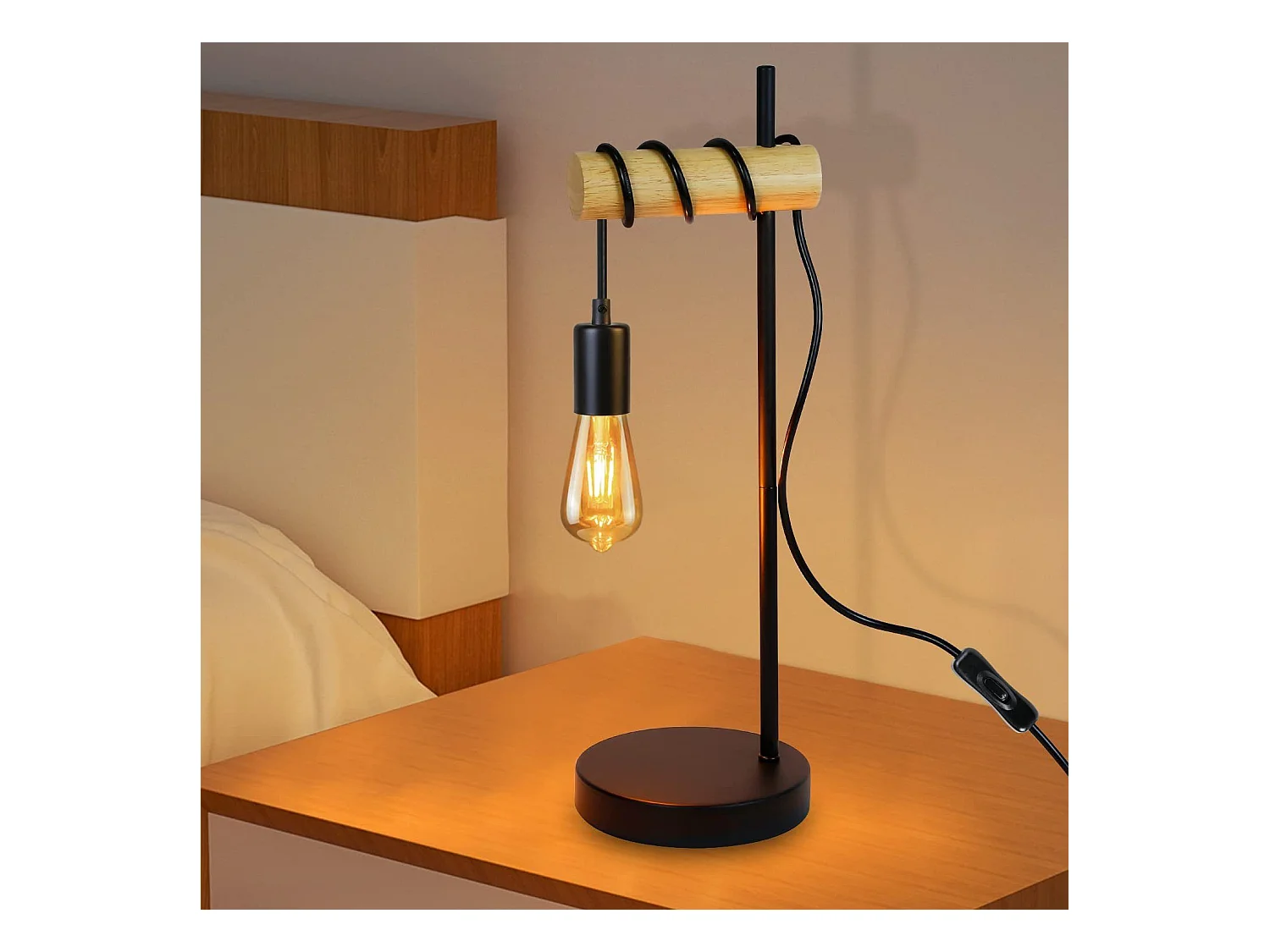 NETTLIFE Vintage Schwarz Retro E27 Industrial Rustic Design Holz Nachttischlampe mit Kabel und Schalter