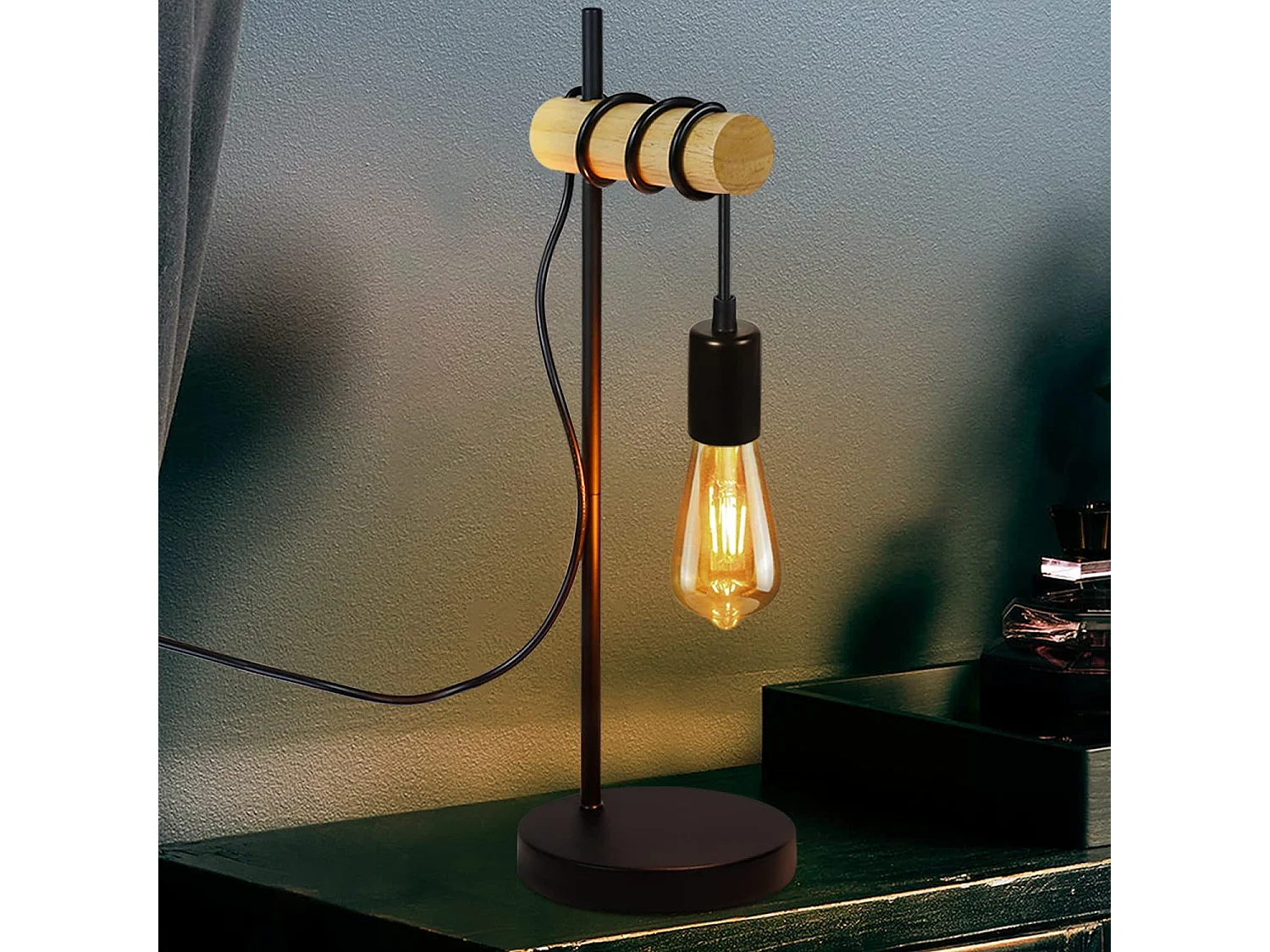 NETTLIFE Lampe de table en bois de chevet Vintage Noir Rétro E27 en design industriel rustique Lampe de chevet Câble avec interrupteur