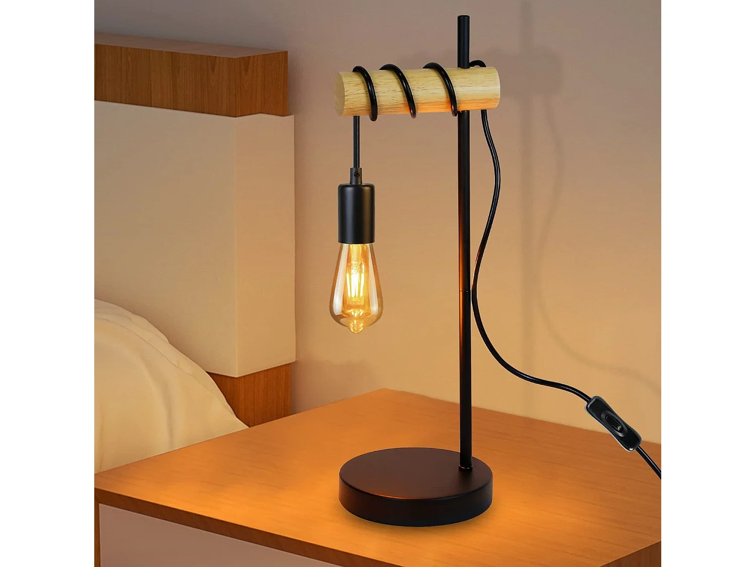 NETTLIFE Lampe de table en bois de chevet Vintage Noir Rétro E27 en design industriel rustique Lampe de chevet Câble avec interrupteur