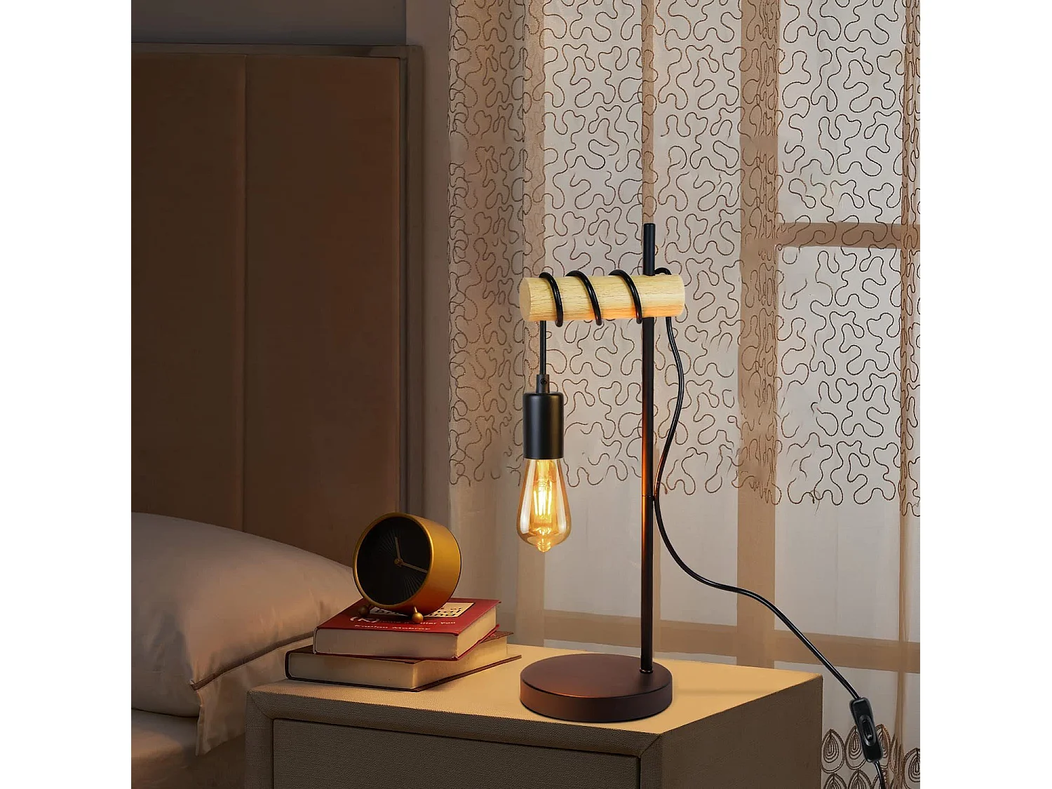 NETTLIFE Lampe de table en bois de chevet Vintage Noir Rétro E27 en design industriel rustique Lampe de chevet Câble avec interrupteur