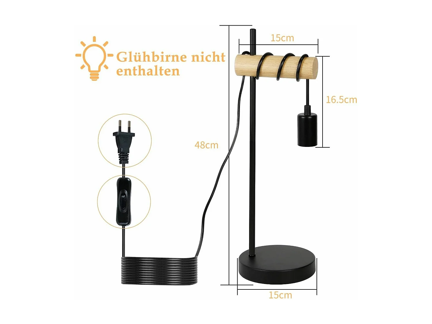 NETTLIFE Lampe de table en bois de chevet Vintage Noir Rétro E27 en design industriel rustique Lampe de chevet Câble avec interrupteur