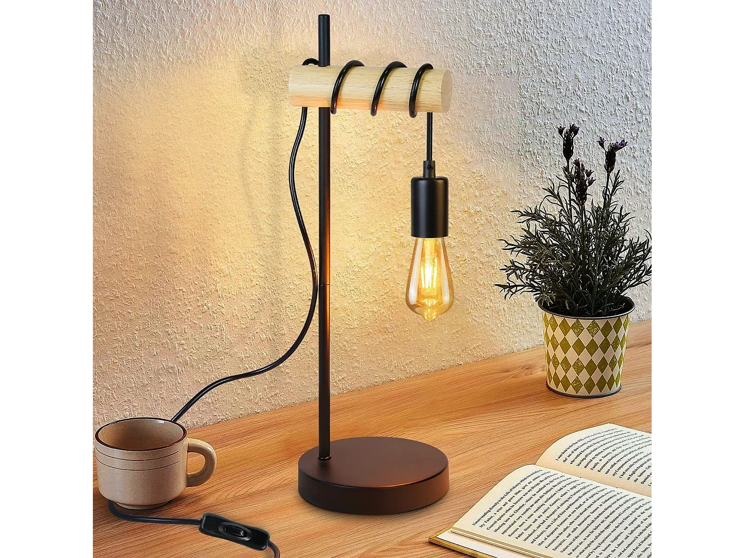 NETTLIFE Lampe de table en bois de chevet Vintage Noir Rétro E27 en design industriel rustique Lampe de chevet Câble avec interrupteur