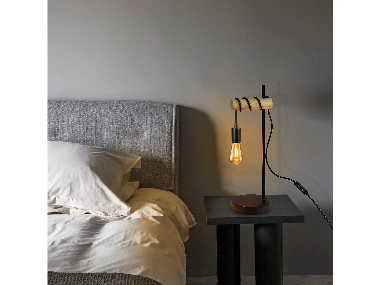 NETTLIFE Lampe de table en bois de chevet Vintage Noir Rétro E27 en design industriel rustique Lampe de chevet Câble avec interrupteur