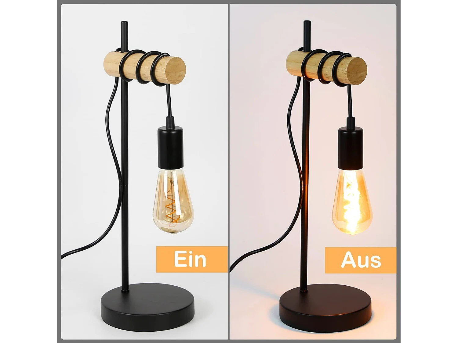 NETTLIFE Lampe de table en bois de chevet Vintage Noir Rétro E27 en design industriel rustique Lampe de chevet Câble avec interrupteur