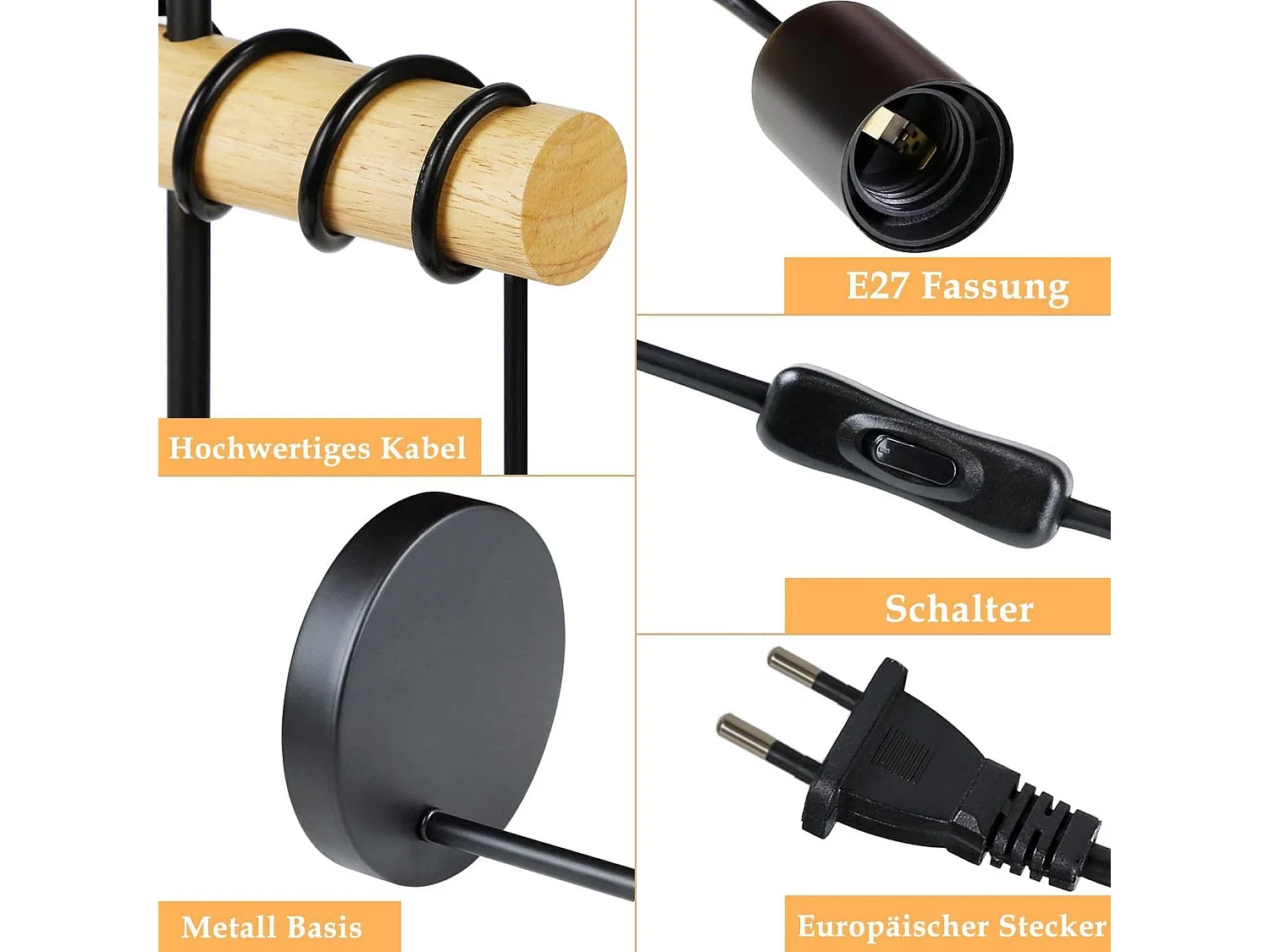 NETTLIFE Lampe de table en bois de chevet Vintage Noir Rétro E27 en design industriel rustique Lampe de chevet Câble avec interrupteur
