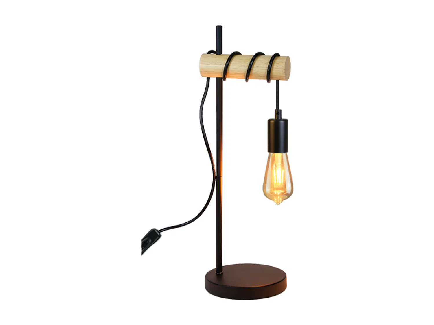 NETTLIFE Lampe de table en bois de chevet Vintage Noir Rétro E27 en design industriel rustique Lampe de chevet Câble avec interrupteur