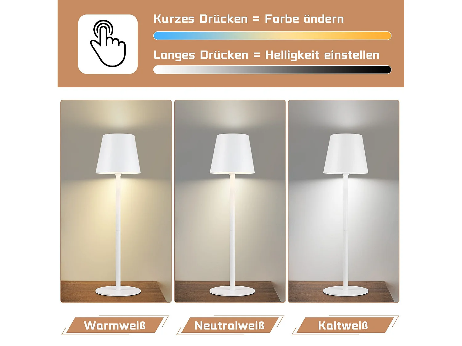 NETTLIFE Tafel- / Nachtlamp zonder draad op batterijen, 2 stuks - LED 2600mhA Herlaadbare buitenlamp met aanraakfunctie op batterij, wit, USB.