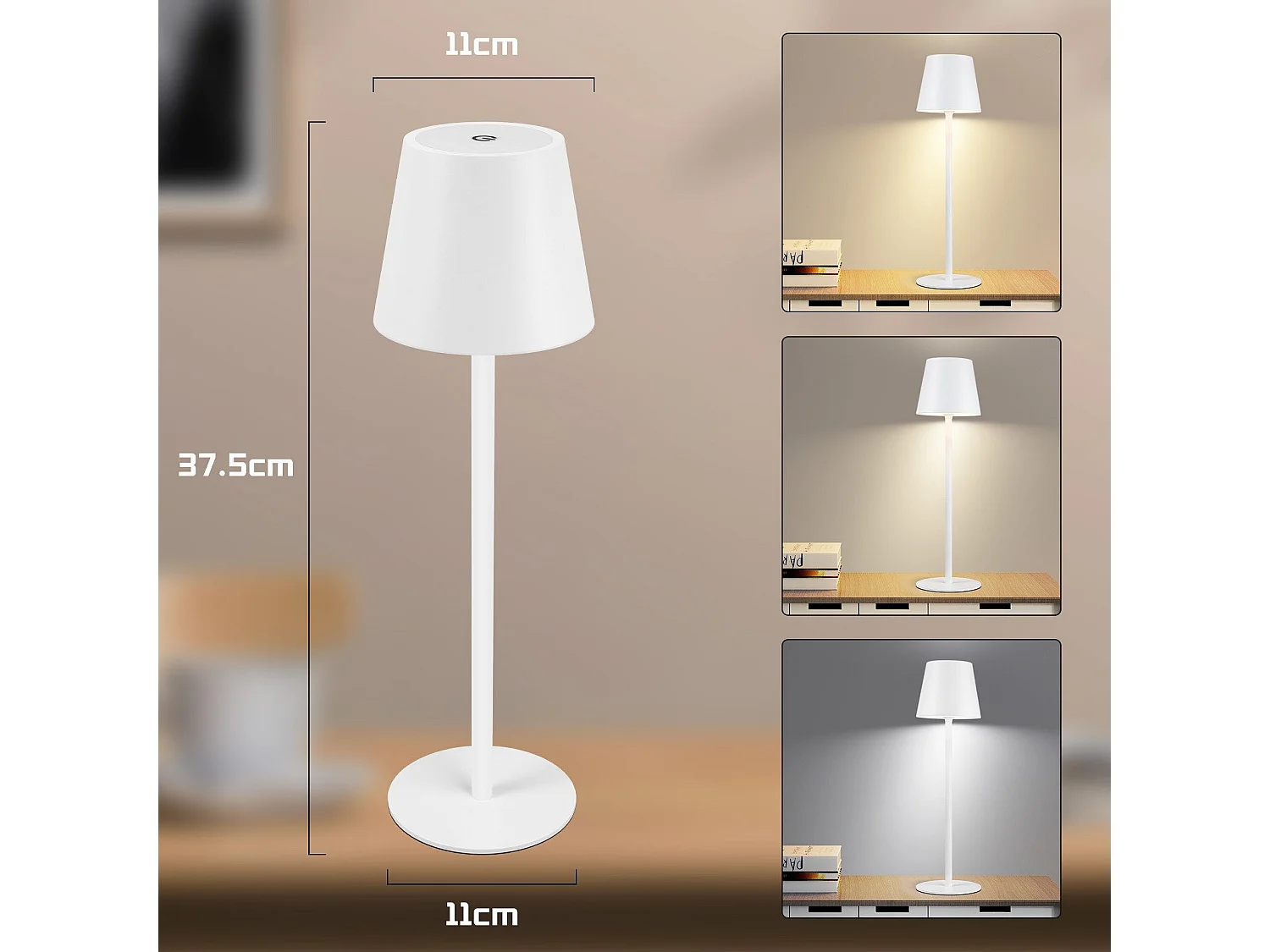 NETTLIFE Tafel- / Nachtlamp zonder draad op batterijen, 2 stuks - LED 2600mhA Herlaadbare buitenlamp met aanraakfunctie op batterij, wit, USB.
