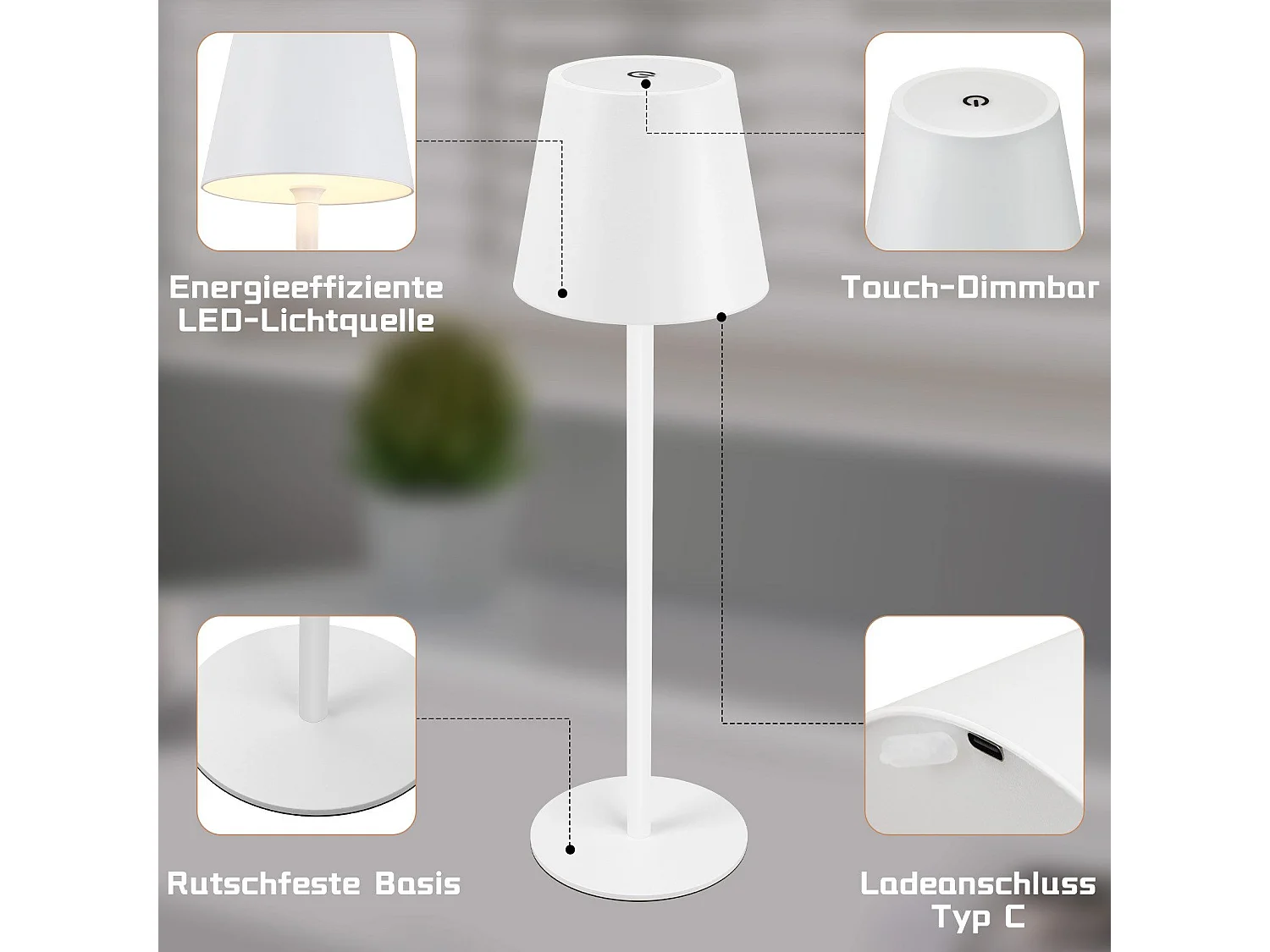 Nettlife Lampe de chevet sans fil, LED 2600mAh, lampe de table extérieur rechargeable, tactile, blanche, avec prise USB
