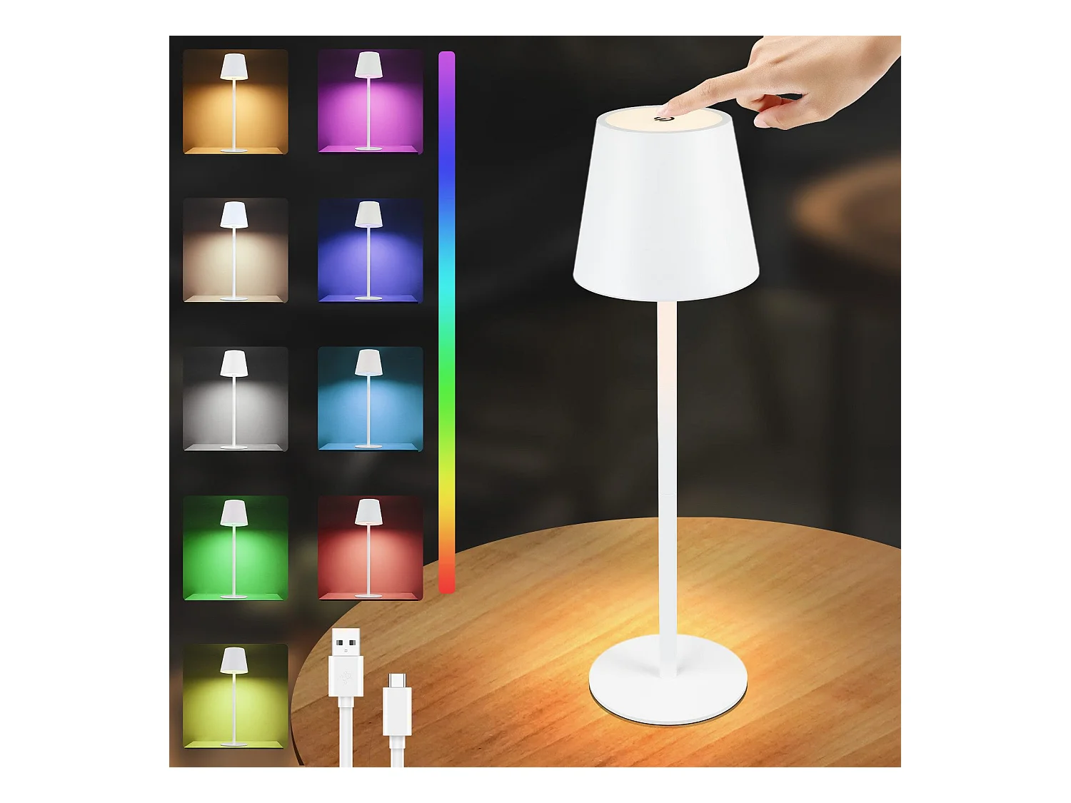 NETTLIFE Nachtkastlamp zonder draad op batterij - RGB - LED 2600 mAh, buiten tafellamp op batterij, oplaadbaar, tactiele dimbare witte lamp, USB - lamp op batterij