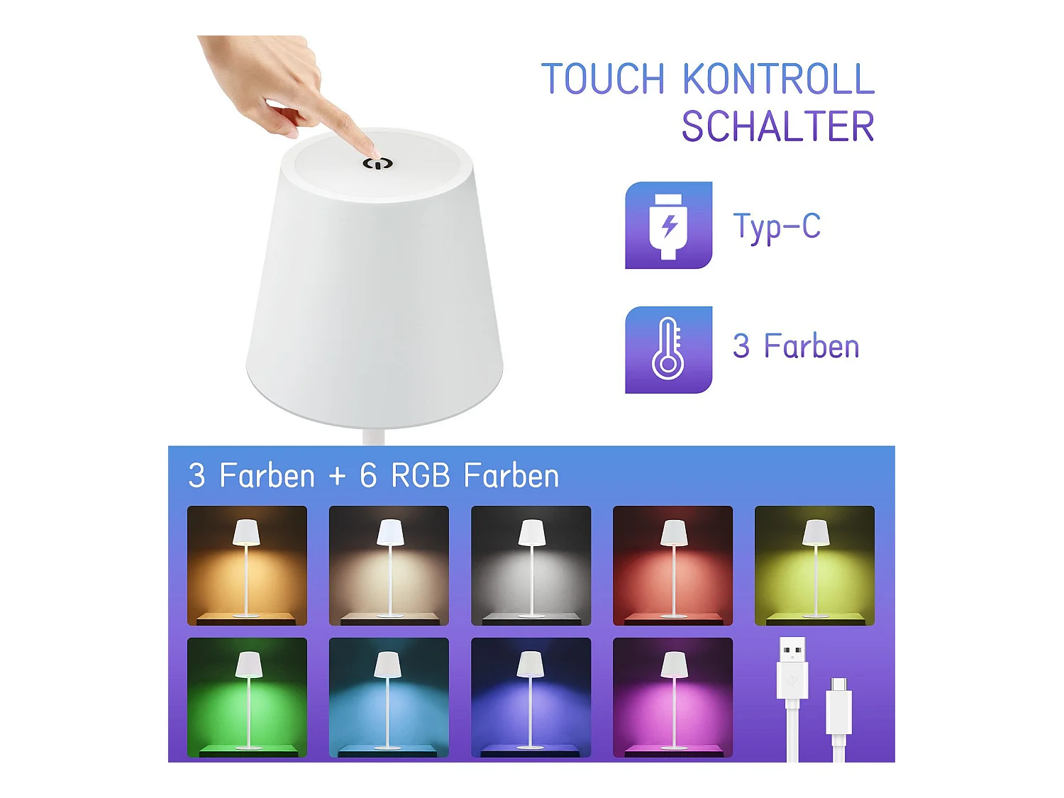 NETTLIFE Lámpara de cabecera con batería inalámbrica - LED RGB 2600 mhA Lámpara de mesa para exteriores Lámpara de batería USB TIPO C Blanca