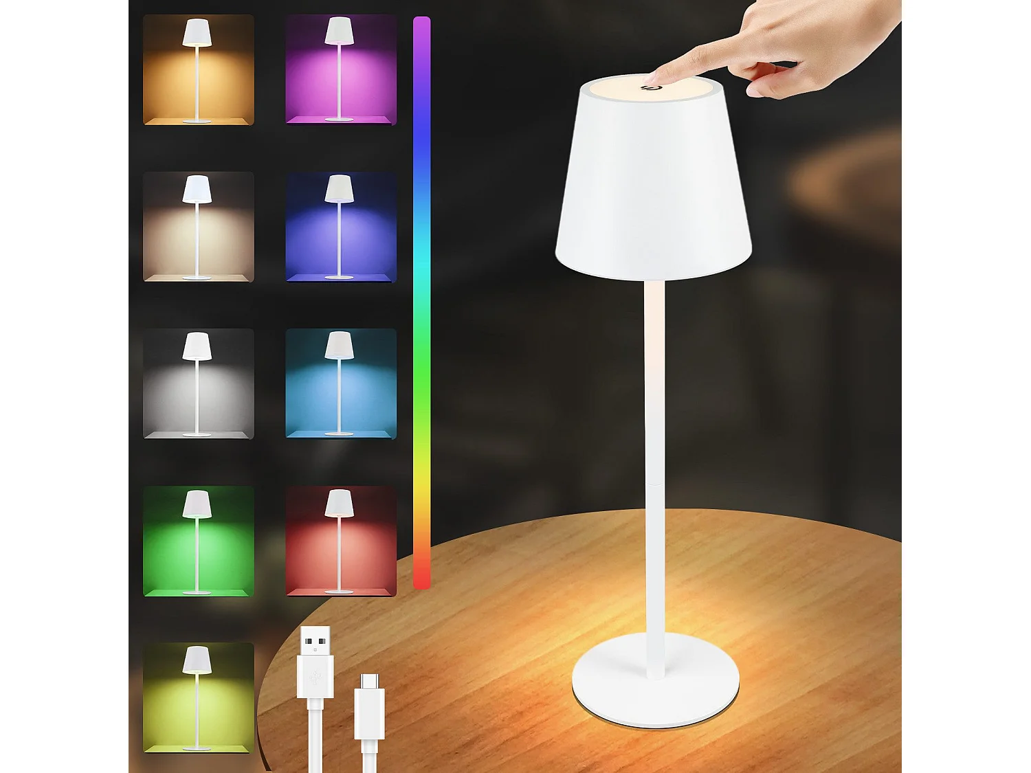 NETTLIFE Nachtkastlamp zonder draad op batterij - RGB - LED 2600 mAh, buiten tafellamp op batterij, oplaadbaar, tactiele dimbare witte lamp, USB - lamp op batterij