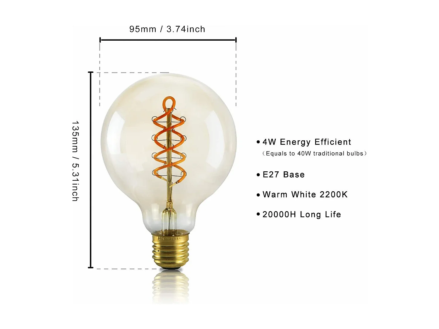 NETTLIFE Set van 1 LED - lampen E27, G95 vintage warm wit 4W 2200K Edison retro draadlamp, energiebesparende lamp voor huis.