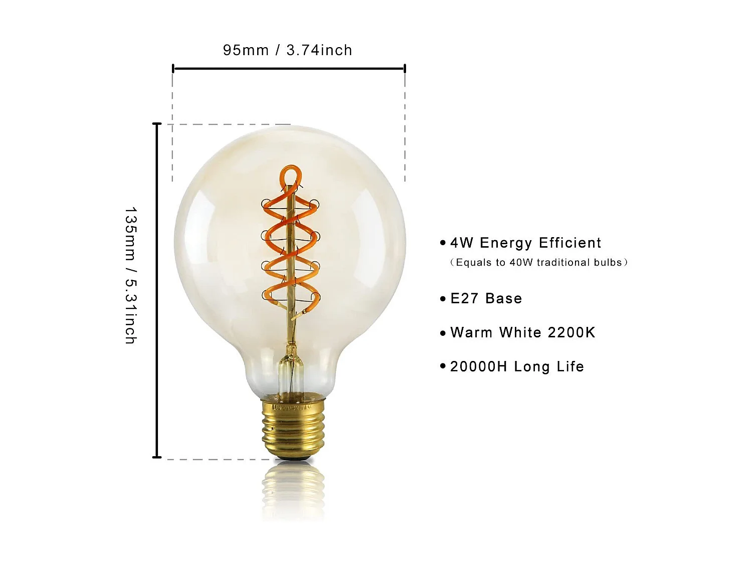 NETTLIFE Lot de 1 ampoules LED E27 ampoule G95 vintage blanc chaud 4W 2200K Edison ampoule rétro à filament lampe à économie d'énergie pour maison