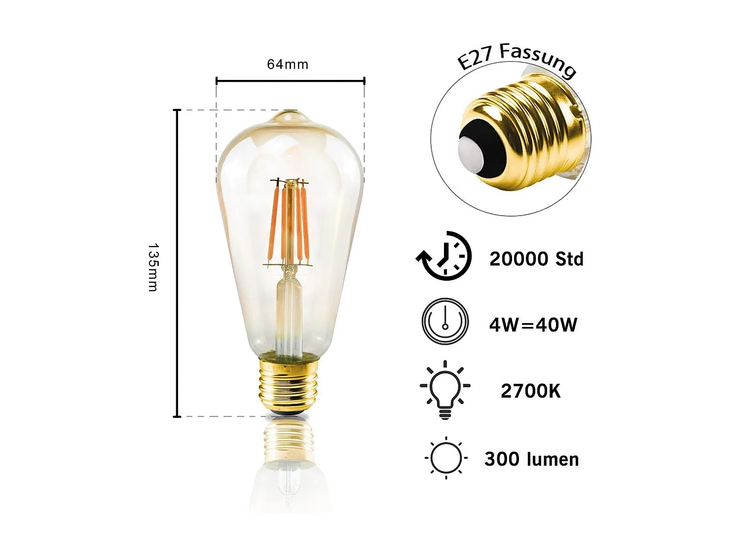 NETTLIFE Lot de 6 ampoules LED E27 blanc chaud ampoules Edison rétro 2200K ST64 lampe antique économie d'énergie 4W industrielle décorative pour