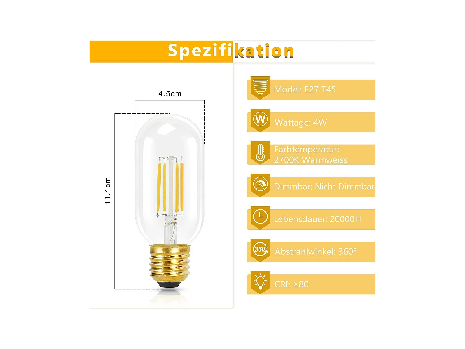 NETTLIFE 4er-Pack E27-LED-Lampen, warmweiß, Vintage-LED-Lampen, T45, 4 W, 2700 K, Energiesparlampe, Retro-Stil, Edison-Glühfaden, Glas