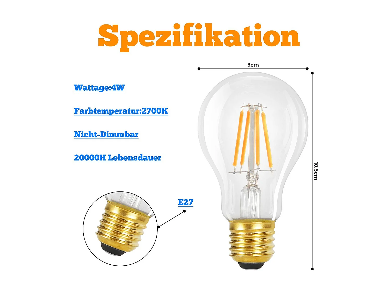 NETTLIFE Lot de 6 ampoules LED E27 : lampe vintage A60 Edison de 4W 2700K blanc chaud à filament rétro économie d'énergie pour maison non dimmable
