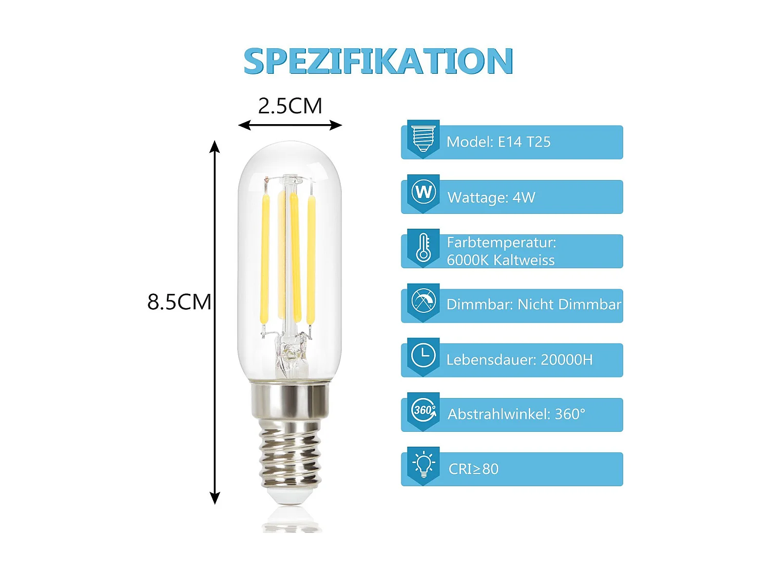 NETTLIFE Lot de 4 ampoules LED E14 blanc froid vintage : ampoules T25 4 W 6000 K à économie d'énergie, style Edison avec filament pour hotte aspirante