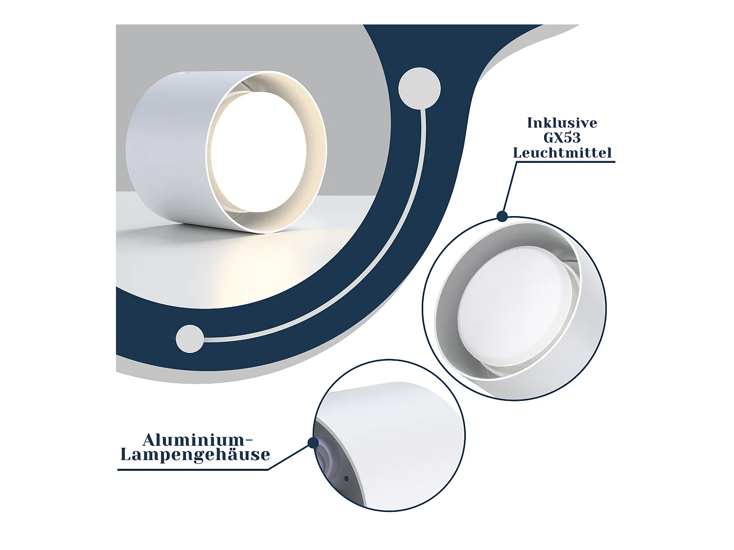 NETTLIFE Plafonnier Spot LED Blanc : Plafond rond en saillie, alum. 230V, ampoule GX53 5W 3000K, pour chambre, couloir