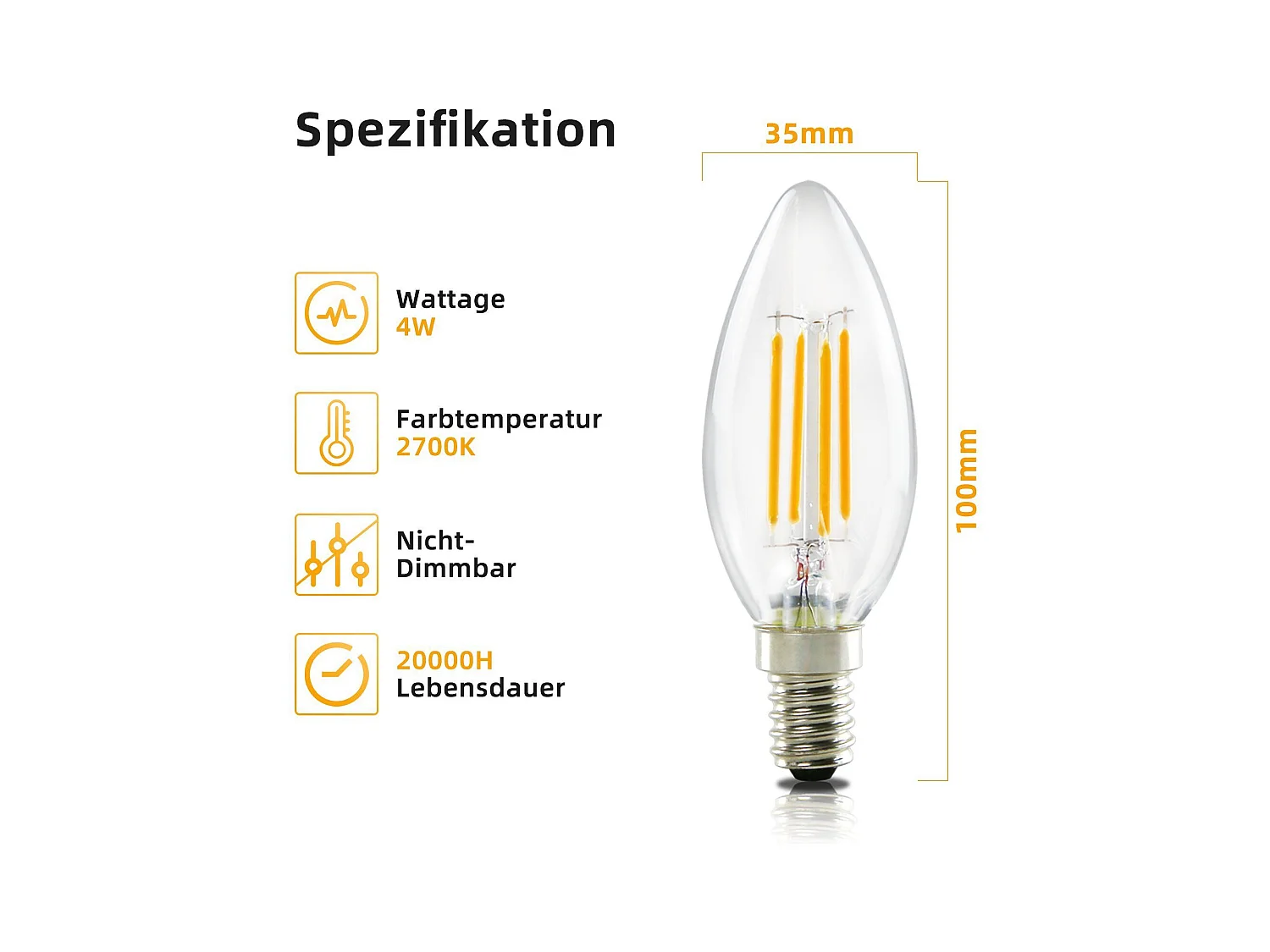 NETTLIFE Pakket van 6 E14 LED-pijplempjes, warme witte kandelaarlamp van 4W, 2700K, met Edison - draad C35