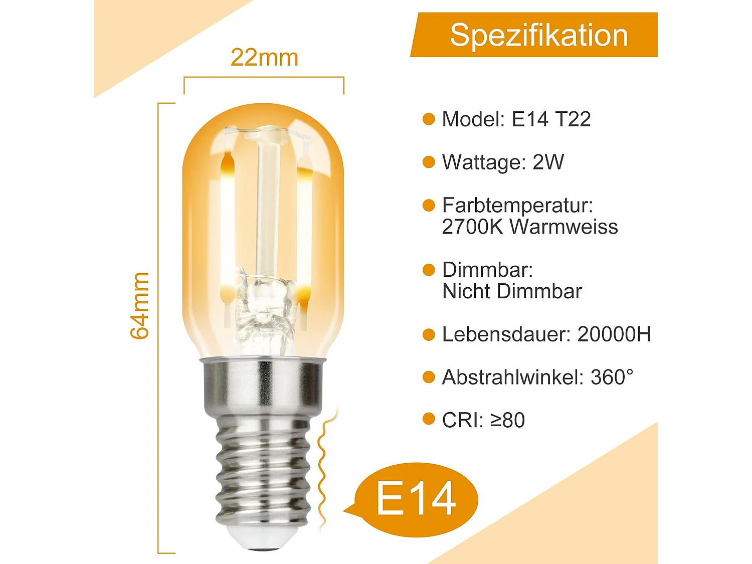 NETTLIFE T22 LED - LED Lampen - E14 Lichtborn - Amber - Ø 2.2 cm - Filament lamp - 2700K Warm Wit Licht - 2W - Vintage Gloeilamp - 4 Stuks
