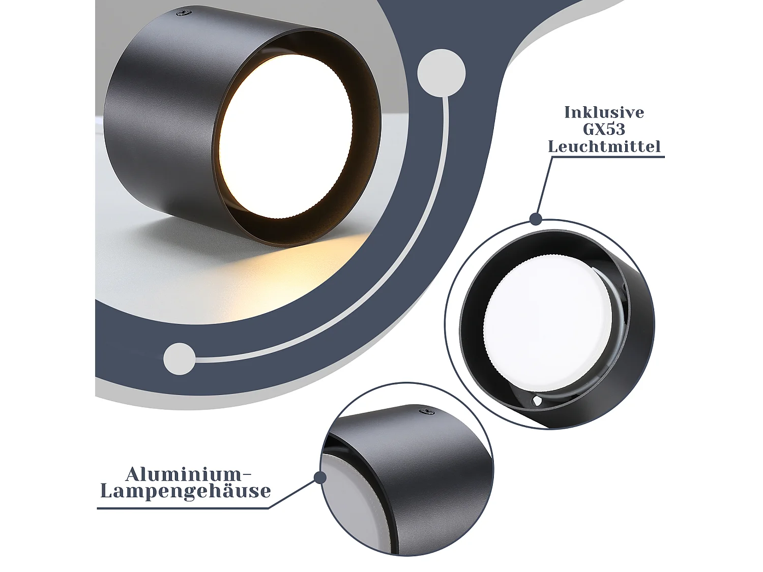 NETTLIFE Plafondspot LED zwart: Ronde uitstekende plafondverlichting, aluminium, 230V, gloeilamp GX53 5W 3000K, voor kamer, gang.