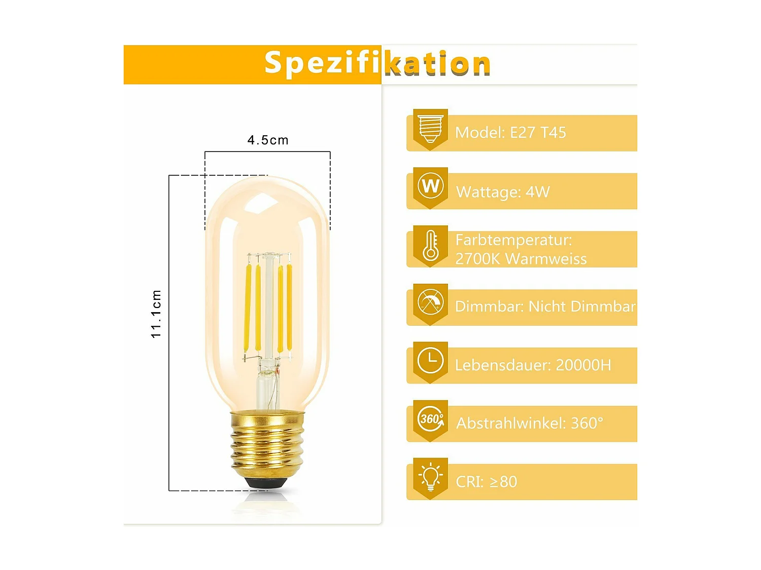 NETTLIFE Lot de 4 ampoules LED E27 blanc chaud vintage T45 4W 2700K style Edison économie d'énergie ampoules en verre