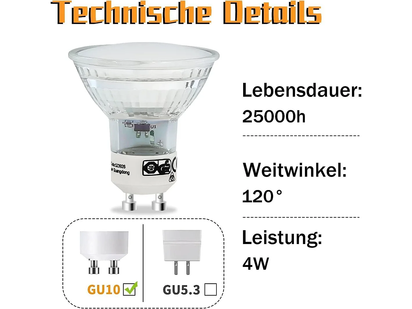 NETTLIFE Pakket van 10 LED - GU10 - lampenstekkers, witte warmte, 4W - PAR16 - inbouwspotjes, straalhoek 120°, verlichting 3000K, keukenlamp, plafondlamp.
