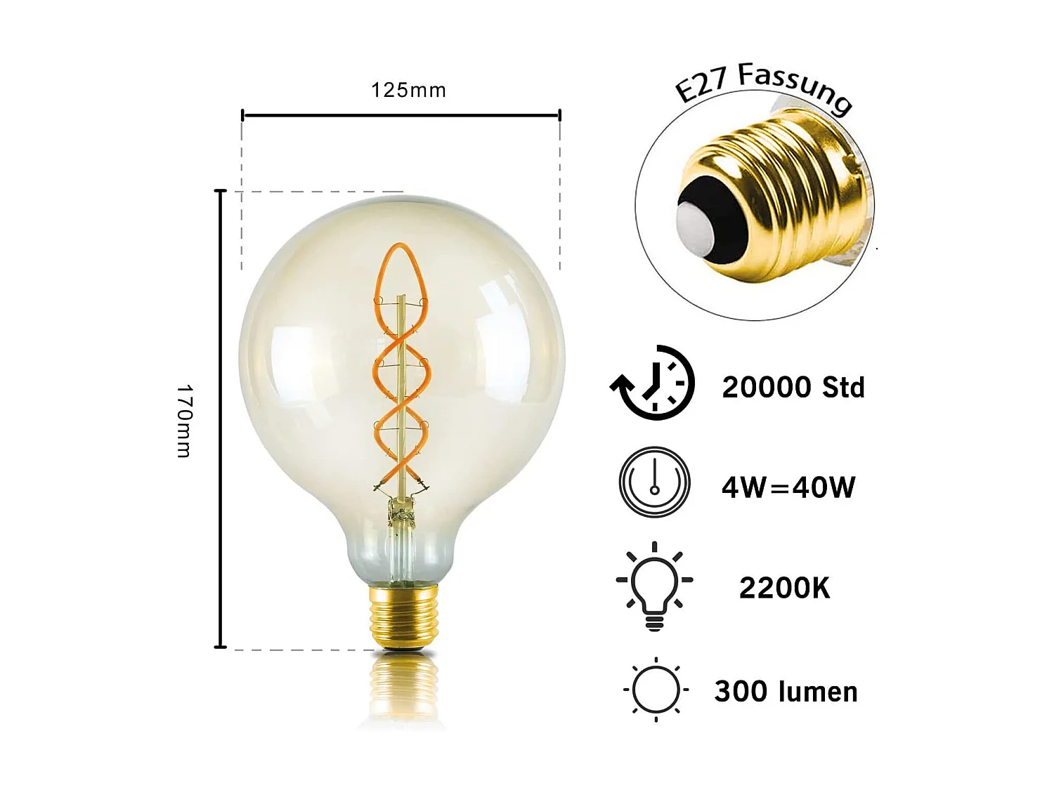 NETTLIFE Ampoule LED E27 vintage : ampoule rétro Edison G125 grande lampe globe décorative 4W filament blanc chaud éclairage nostalgique économie