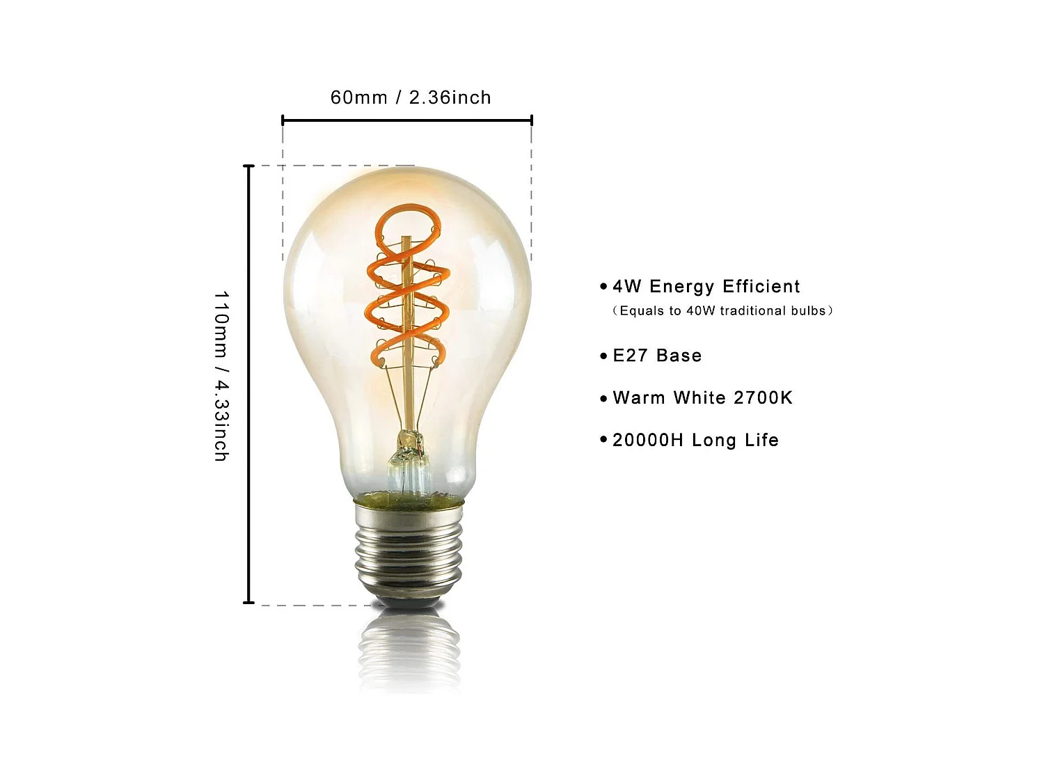 NETTLIFE Lot de 1 ampoules LED E27 vintage : ampoule à filament blanc chaud A60 2200K Edison rétro 4W décorative antique économie d'énergie éclairage