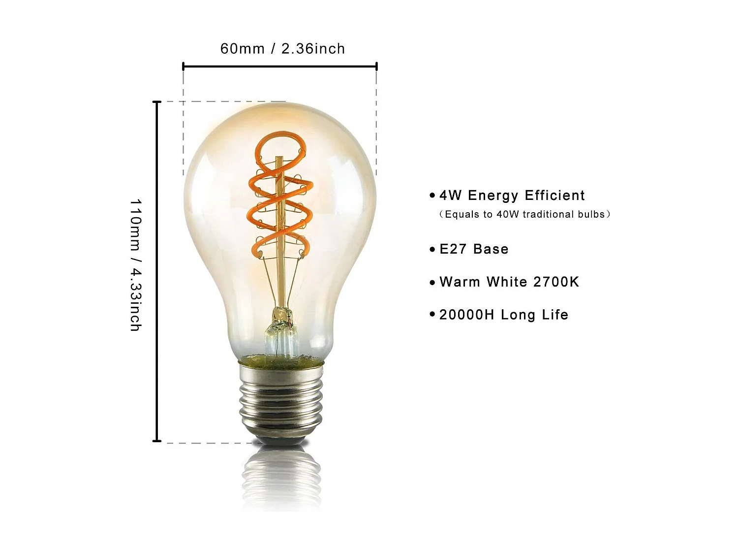 NETTLIFE Juego 1 Bombilla LED Vintage E27, Filamento Blanco Cálido A60 2200K Edison Retro 4W, Iluminación Decorativa, Ahorro Energía