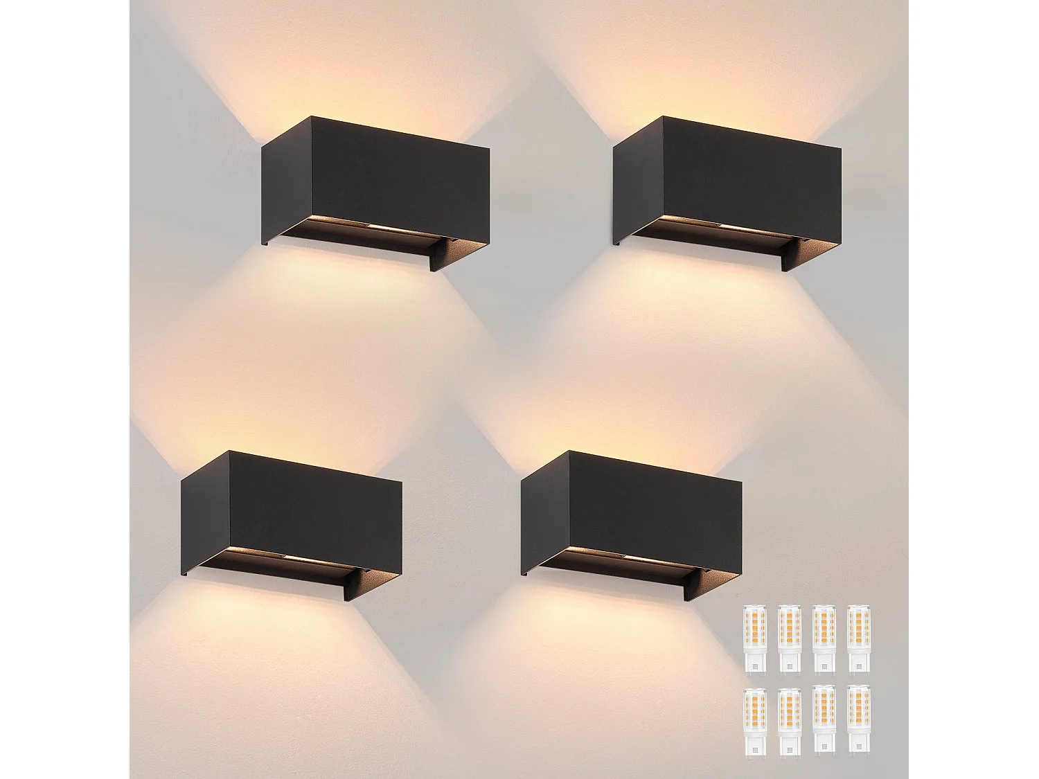 NETTLIFE 4 Lampes Murales Extérieures LED Noires, Éclairage Ascendant/Descendant, IP65, Lumière Blanche Chaude G9