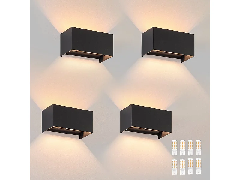 NETTLIFE 4 Lampes Murales Extérieures LED Noires, Éclairage Ascendant/Descendant, IP65, Lumière Blanche Chaude G9