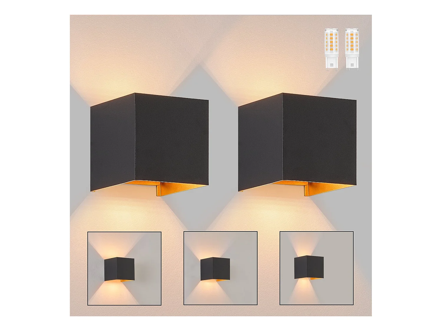 NETTLIFE LED - applikatie 3W, 2 stukken - G9 muurlamp buiten / binnen zwart en goud, dubbele verstelbare straal, waterdicht IP65, 230V, 3000K.