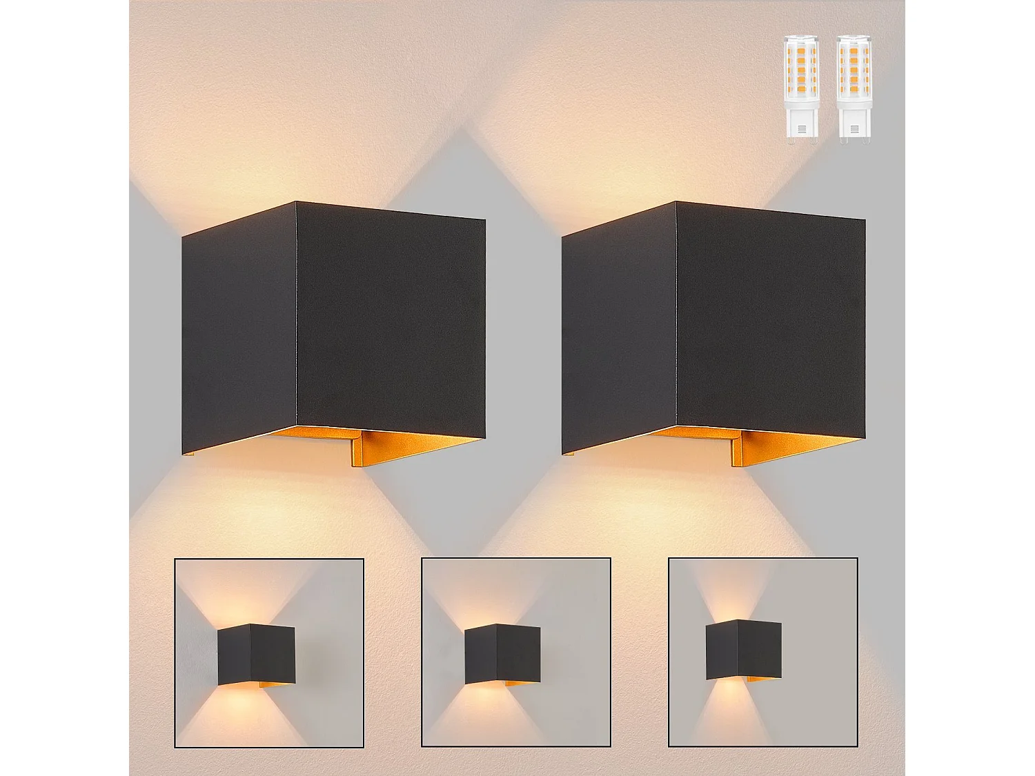 NETTLIFE Applique LED 3W,2 pièces - G9 Lampe Murale Extérieur/Intérieure Noire et Dorée，étanche double faisceau réglable IP65 230V 3000K