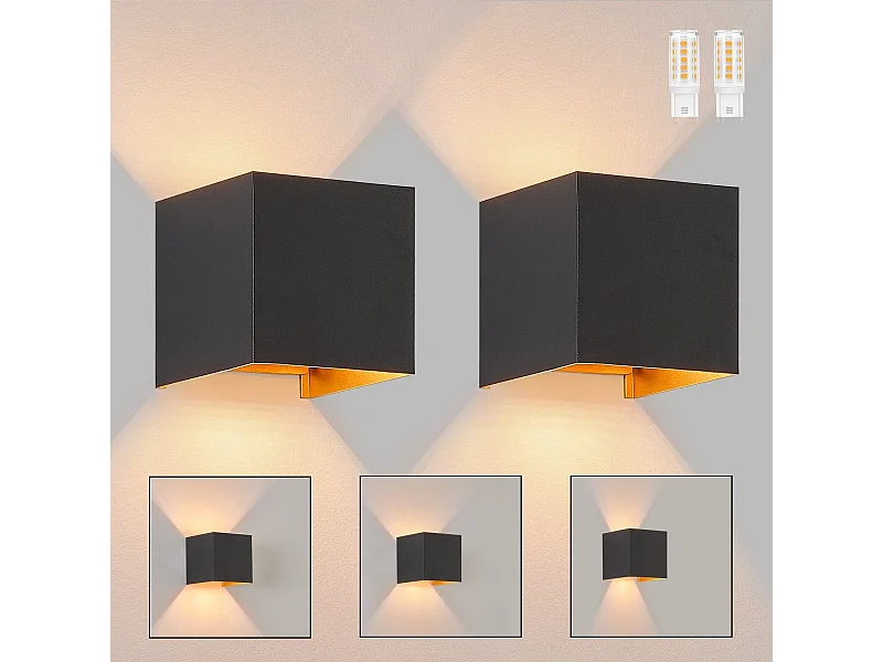 NETTLIFE LED - applikatie 3W, 2 stukken - G9 muurlamp buiten / binnen zwart en goud, dubbele verstelbare straal, waterdicht IP65, 230V, 3000K.