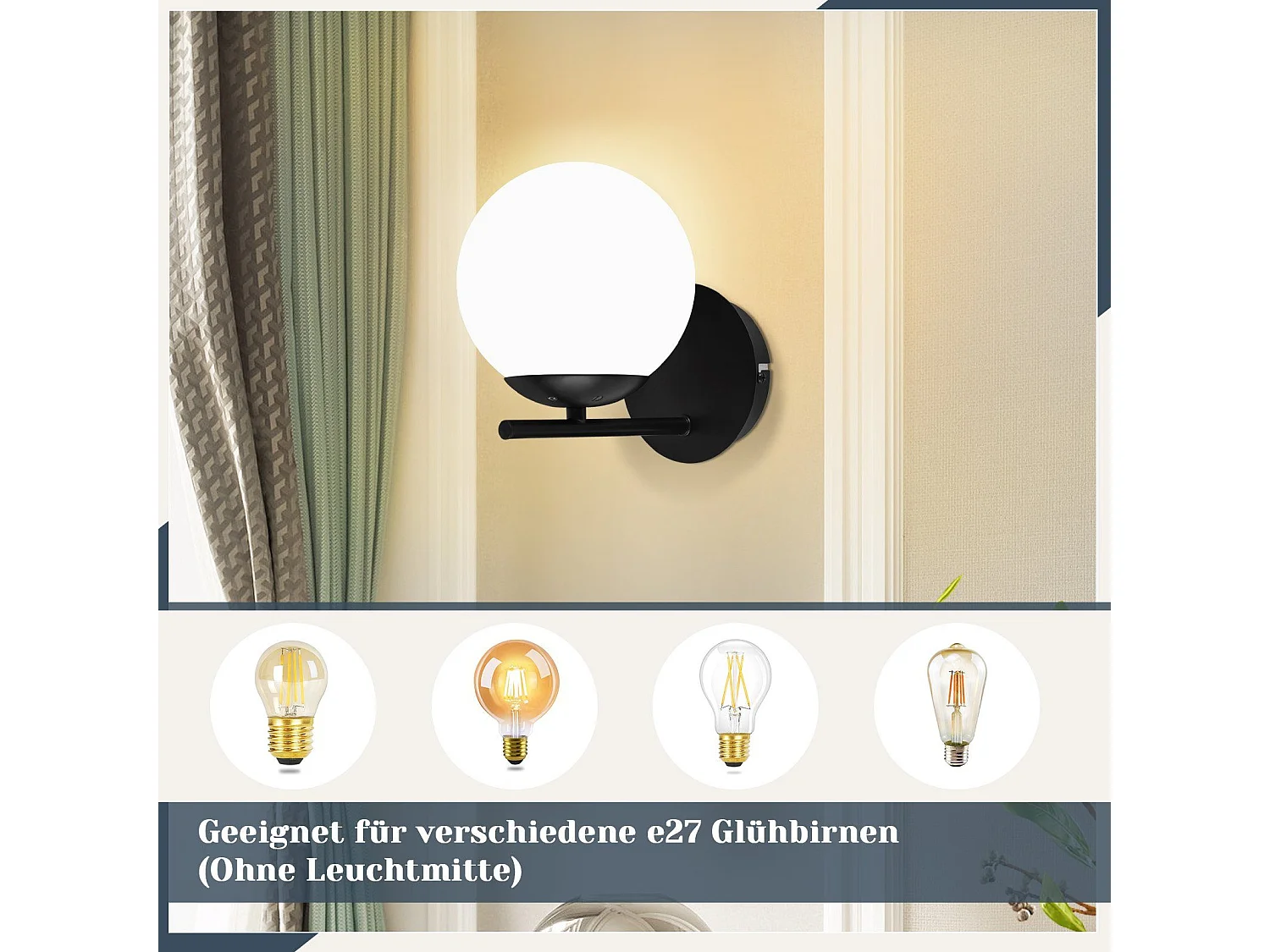 NETTLIFE Applique Noir  Intérieure - E27 Métal Design Moderne en verre Lampe de Lit Applique Salle de Bain Vintage Lampe de Couloir