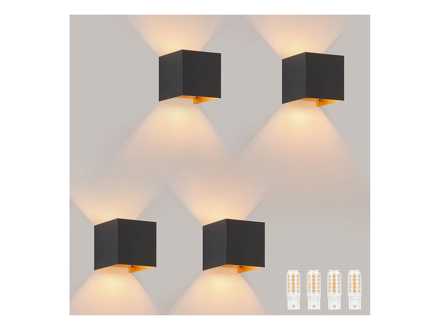 NETTLIFE LED -apparaat van 3W, 4 stuks - G9 muurmuis voor binnen en buiten (zwart en goud), dubbele straal die waterdicht is en verstelbaar met IP65, 230V, 3000K.