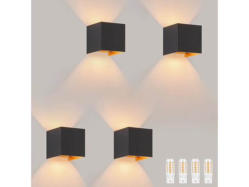 NETTLIFE Applique LED 3W,4 pièces -G9 Lampe Murale Extérieur/Intérieure Noire et Dorée，étanche double faisceau réglable IP65 230V 3000K