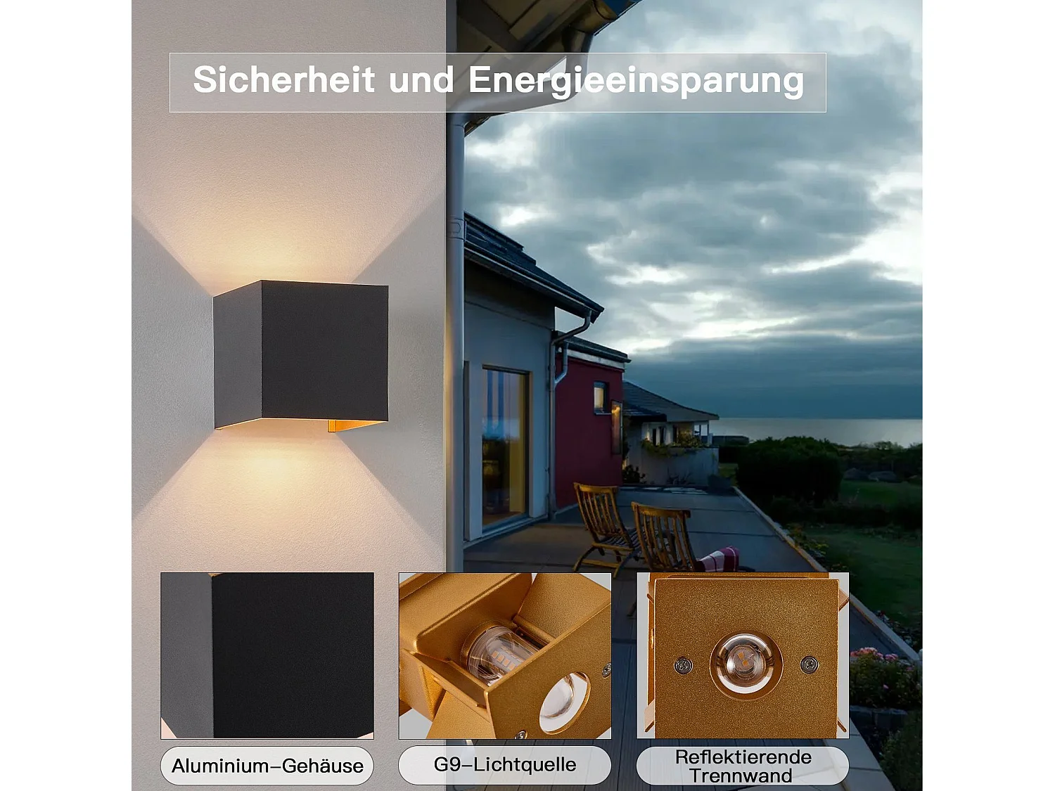 NETTLIFE Applique LED 3W -G9 Lampe Murale Extérieur/Intérieure Noire et Dorée，étanche double faisceau réglable IP65 230V 3000K