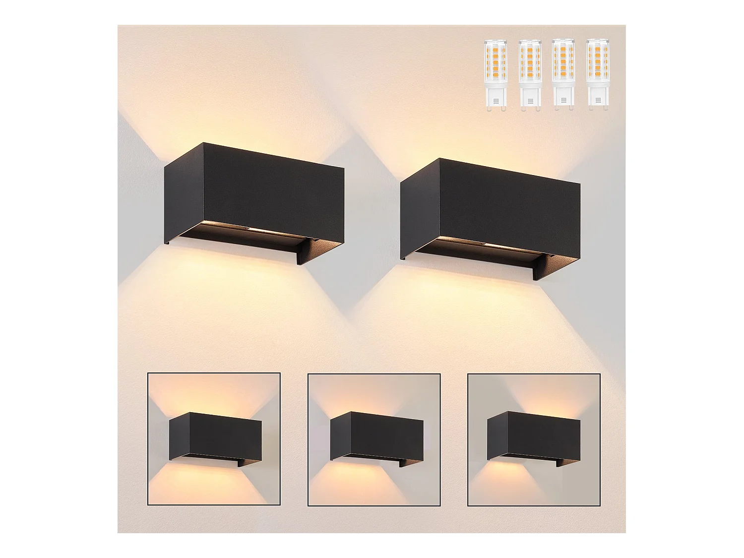 NETTLIFE 2 zwarte muurledlampjes met IP65 - klasse, warm wit licht met verstelbare G9 - lampen, voor woonkamer, tuin, terras.